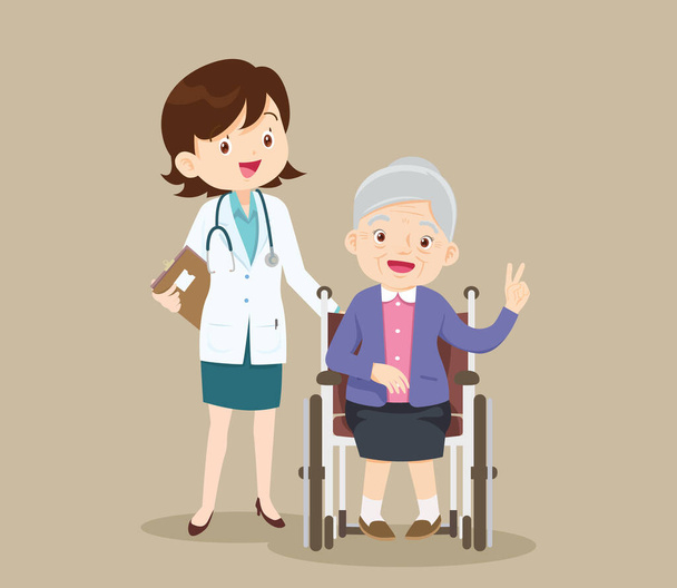 Les personnes âgées s'assoient sur un fauteuil roulant avec le médecin prendre soin. personne handicapée dans le fauteuil roulant et les médecins. Soigneux soignant prenant soin du patient - Vecteur, image
