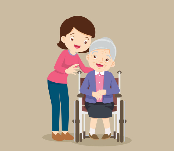 Yaşlı kadın tekerlekli sandalyede oturuyor ve kızı nazikçe ellerini omuzlarına koyuyor. Kız anneye bakıyor. Hastayla ilgilenirken dikkatli ol. - Vektör, Görsel