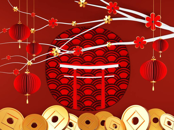 3D render - Podio de tradición china, podio geométrico rojo, un podio con feliz año nuevo, concepto chino de año nuevo lunar. - Foto, Imagen
