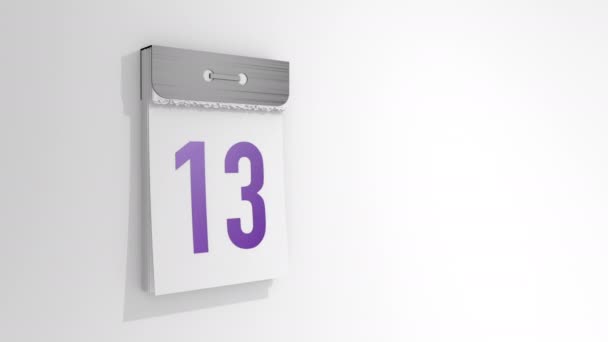 Animation of a stylish tear-off calendar from 13 to 14. Page number thirteen comes off and falls, and below it is number fourteen. 3D rendering, 3D illustration. - Footage, Video
