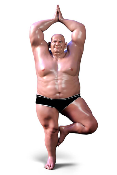 Yoga para pessoas com sobrepeso, ilustração 3D mostrando o homem obeso em pose de ioga de árvore, ou Vrikshasana. Recuperação e prevenção de COVID-19. Exercícios respiratórios tornando os pulmões mais fortes - Foto, Imagem