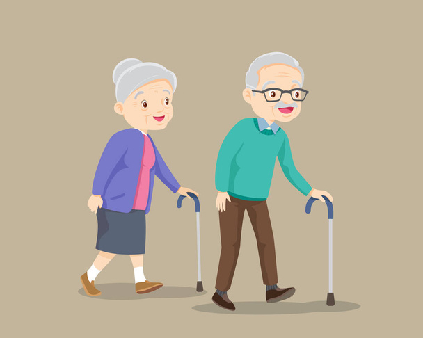 Pareja mayor caminando por el bastón. abuela con paseo y abuelo por bastón ser happy.old hombre y mujer mayores caminando juntos - Vector, imagen