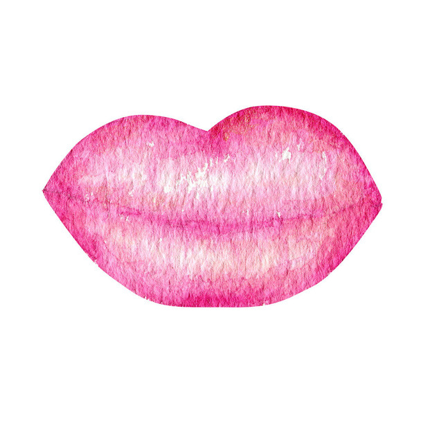 Różowy pocałunek akwarela, Sexy pulchne usta Ręcznie rysowane odizolowane ilustracja - Zdjęcie, obraz