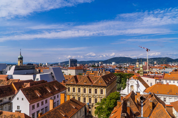 Amazing panoramic view of Graz, Austria with churches, traditional Austrian houses and buildings from Schlossberg (Castle Hill) - Zdjęcie, obraz