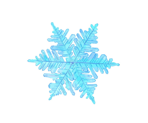 Hand drawn watercolour illustration of dark and light blue snowflake. Isolated on white background.  - Vector, Image