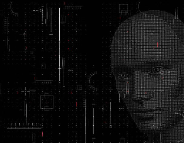 Robot face made from dots with dark background - 3d rendering - Photo, Image