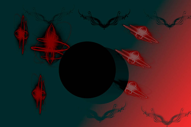 mooie abstracte illustratie met groene achtergrond en ronde figuren van rode en zwarte kleuren die het beeld tot leven brengen - Foto, afbeelding