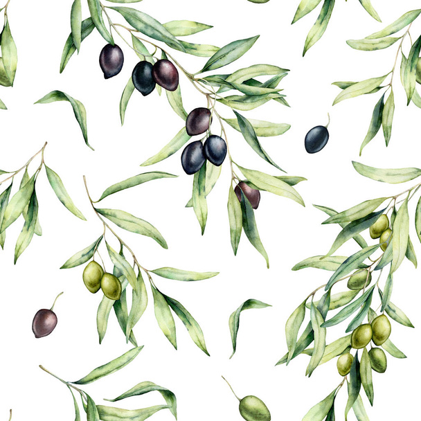 Watercolor kitchen seamless pattern of green and black olives. Hand painted illustration with olive branches and leaves isolated on white background. For design, print and fabric. - Photo, Image