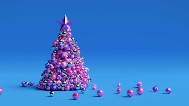 Un árbol de bolas de Navidad está creciendo dinámicamente sobre un fondo azul brillante y colorido. ilustración 3d - Foto, imagen