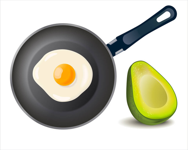 Snídaně pánev smažené vejce a avokádo izolované na bílém pozadí. Vařená omeleta. Vaření oběda, večeře. Míchaná vejce. Kovový nástroj na smažení. Nástroje na vaření. Vejce Omelette. Horní pohled. - Vektor, obrázek