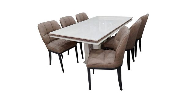 Eettafel en stoelen geïsoleerd op witte achtergrond. Luxe rechthoek marmeren blad eettafel met zes stoelen. Eetsets voor zes of acht personen. - Foto, afbeelding