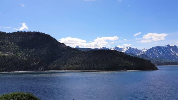 Alaska ve Kanada sınırındaki dağlar, mavi sular ve yeşil ağaçların manzarası - Fotoğraf, Görsel
