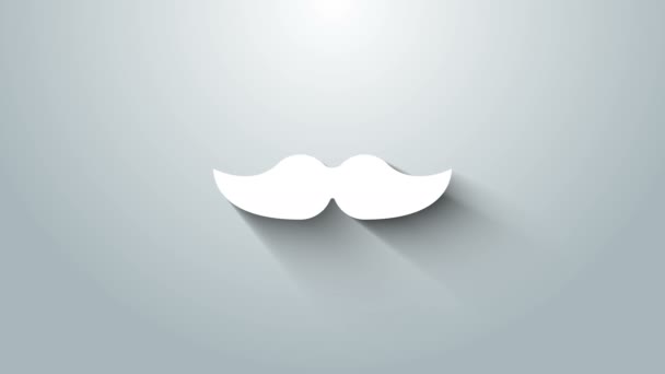 Icono de bigote blanco aislado sobre fondo gris. Símbolo de barbería. Estilo de pelo facial. Animación gráfica de vídeo 4K - Metraje, vídeo