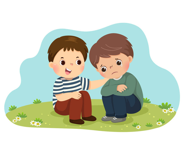 Illustrazione vettoriale cartone animato di ragazzino consolando il suo amico piangendo - Vettoriali, immagini
