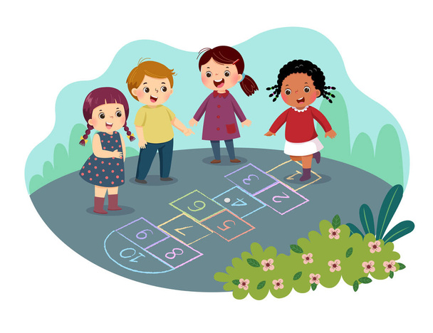 Εικονογράφηση διάνυσμα γελοιογραφία των παιδιών που παίζουν κουτσό ζωγραφισμένα με πολύχρωμη κιμωλία στην άσφαλτο στο πάρκο - Διάνυσμα, εικόνα