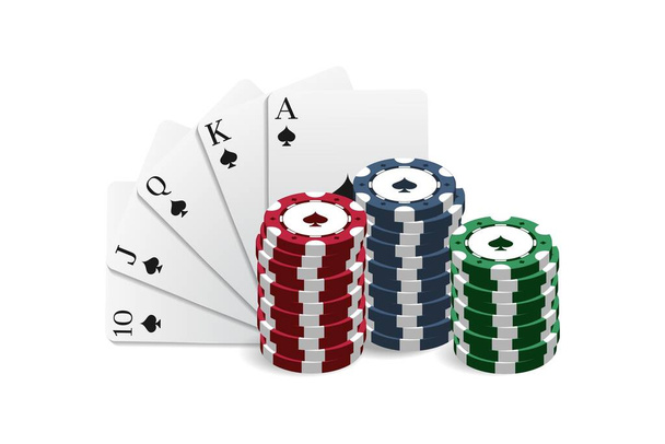 Casino- und Pokerchips kombiniert mit einem Royal Flush Blatt. Vektor-Illustration in realistischem Stil. - Vektor, Bild