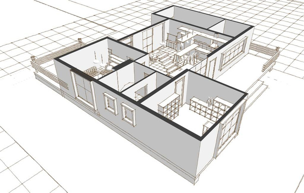 modernes Haus architektonisches Projekt Skizze 3D Illustration - Foto, Bild