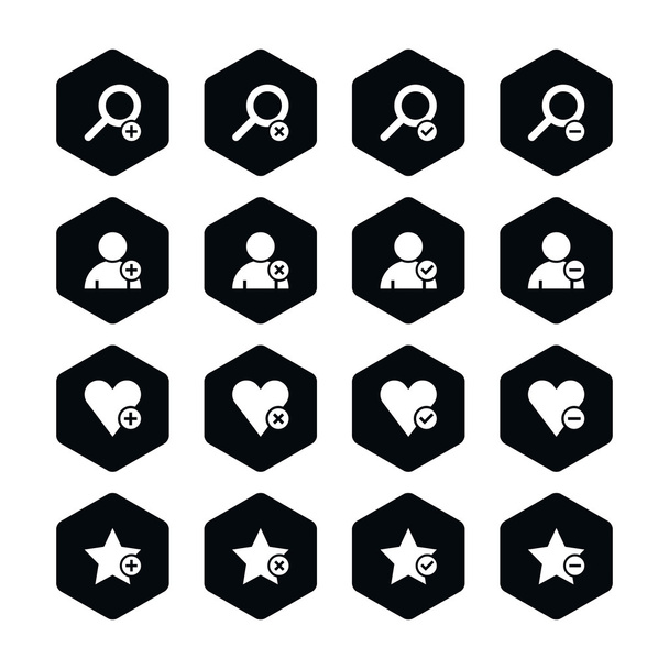 16 icon loupe, user profile, star favorite, heart bookmark icon - Vector, Image