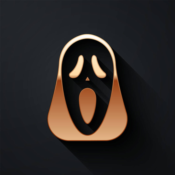 Gold Αστεία και τρομακτική μάσκα φάντασμα για το Halloween εικονίδιο απομονώνονται σε μαύρο φόντο. Καλό αποκριάτικο πάρτι. Μακρύ στυλ σκιάς. Διάνυσμα. - Διάνυσμα, εικόνα