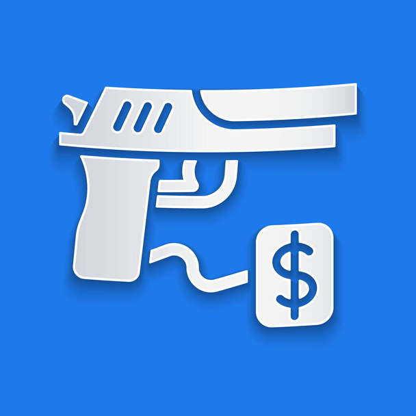 Paper cut Kaufen Pistole mit Preisschild Symbol isoliert auf blauem Hintergrund. Waffenkauf. Papierkunst. Vektor. - Vektor, Bild