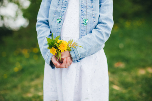 Malá dívka drží žluté heřmánku květiny - Fotografie, Obrázek