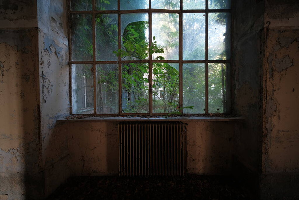 duże okno z kratkami w opuszczonym domu. wysokiej jakości zdjęcie - Zdjęcie, obraz