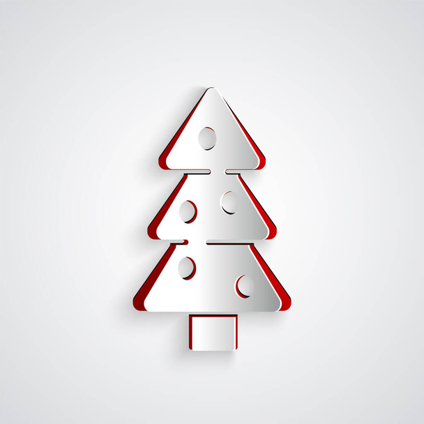 Paper cut Christmas tree with decorations icon isolated on grey background. Merry Christmas and Happy New Year. Paper art style. Vector. - Vector, Image