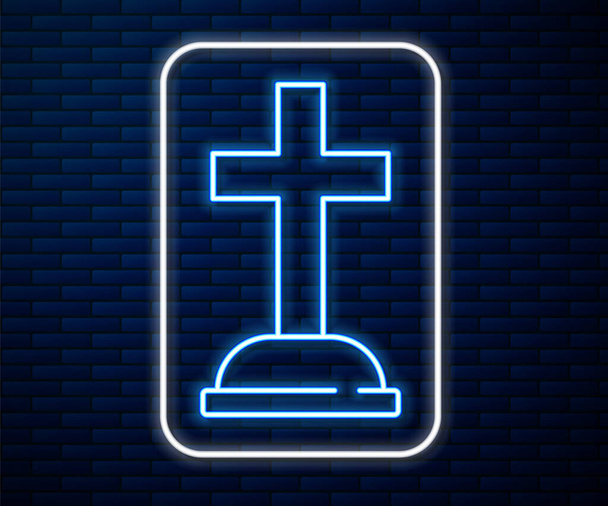 Ragyogó neon vonal Tombstone kereszt ikon elszigetelt téglafal háttér. Sírikon. Vektor. - Vektor, kép