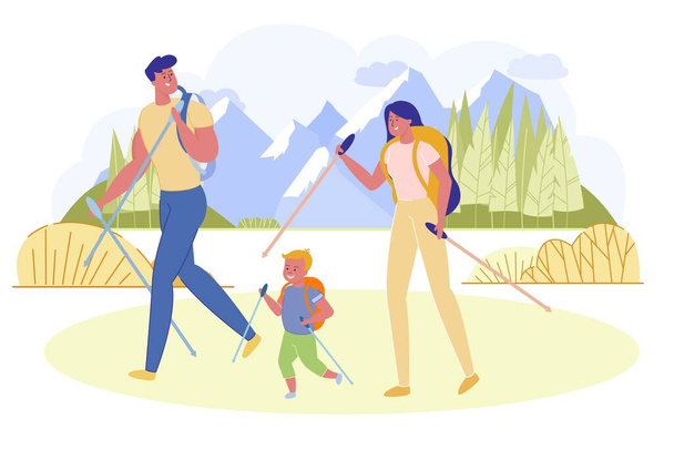 Informative Poster, Family went Hiking Mountains. Parents and their Child Spend Time Outdoors. Each Family Member Carries Backpack and Trekking Poles. From behind Beautiful Forest and High Mountains. - Vector, Imagen