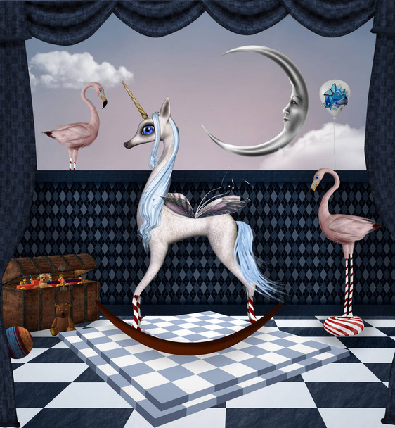Swing horse inside a magic child room with toys and a treasure - Photo, Image