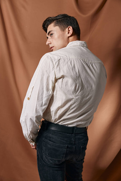 handsome man in shirt beige fabric self-confidence attractive model style - Fotoğraf, Görsel