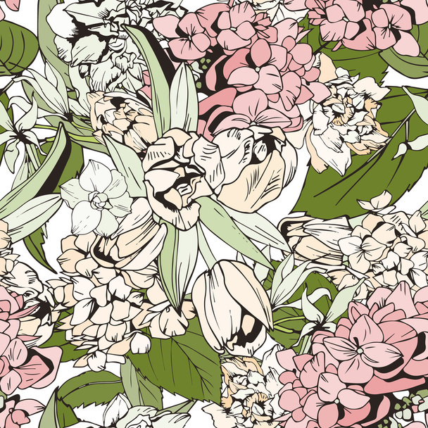 Pastel seamless pattern with tulips and hydrangeas - Zdjęcie, obraz