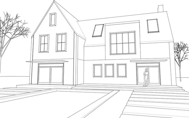 casa dibujo arquitectónico 3d ilustración, vector de ilustración - Vector, Imagen