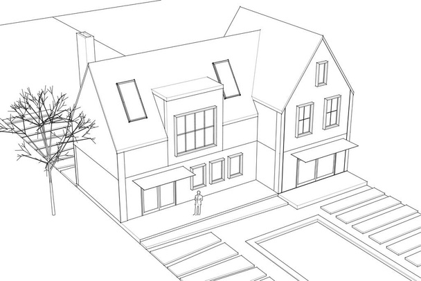 casa de pueblo proyecto arquitectónico bosquejo 3d vector ilustración - Vector, imagen