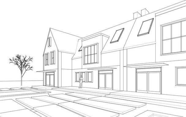 townhouse architectural project sketch 3d vector illustration - Vector, Image