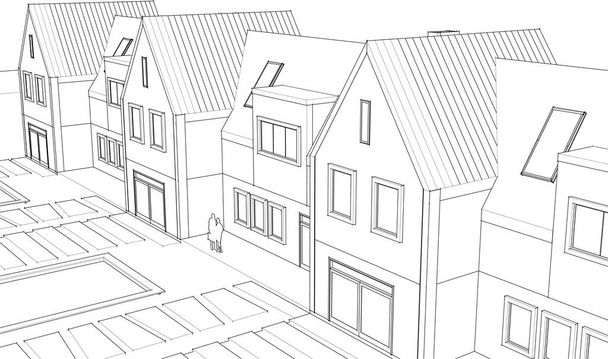progetto architettonico casa a schiera schizzo 3d vettoriale illustrazione - Vettoriali, immagini