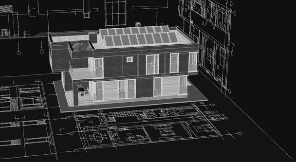 σύγχρονο σπίτι αρχιτεκτονικό σχέδιο του έργου 3d εικονογράφηση - Φωτογραφία, εικόνα