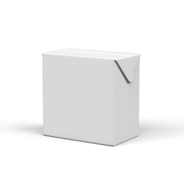 Pappschachtel-Attrappe für Getränke - kleiner Karton mit Milch oder Saft isoliert auf weißem Hintergrund - 3D-Render - Foto, Bild