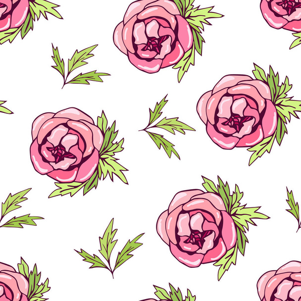 seamless pattern with pink flowers and leaves - Vektori, kuva