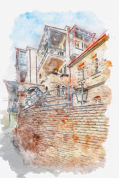 Szkic akwarelowy lub ilustracja pięknego widoku na tradycyjną europejską architekturę miejską w Tbilisi. Stolica Gruzji. - Zdjęcie, obraz