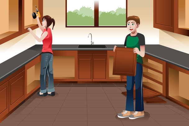 Jeune couple installant des armoires de cuisine
 - Vecteur, image