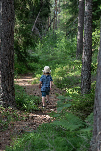 Хлопчик гуляє по лісовій доріжці в капелюсі
. - Фото, зображення