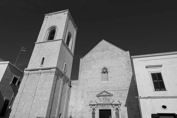 Polignano a Mare, moederkerk van S. Maria Assunta. Het stijgt op piazza V. Emanuele en de sobere Romaanse gevel is verfraaid op het portaal met decoraties van 1628. - Foto, afbeelding