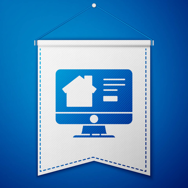 blaues Online-Immobilienhaus auf Monitor-Symbol isoliert auf blauem Hintergrund. Immobilienkreditkonzept, mieten, kaufen, kaufen. weiße Wimpelschablone. Vektorillustration. - Vektor, Bild