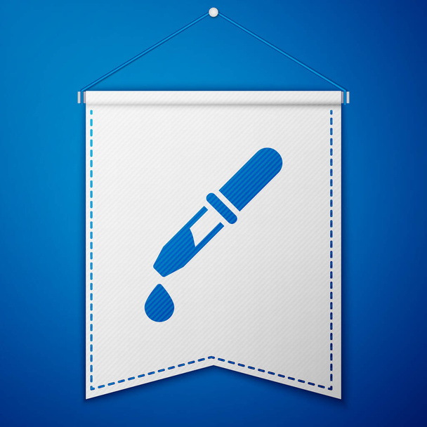 Blue Pipette icon isolated on blue background. Element of medical, chemistry lab equipment. Pipette with drop. Medicine symbol. White pennant template. Vector. - Vector, Image