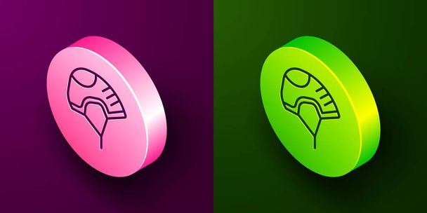 Izometrikus vonal Sisak ikon elszigetelt lila és zöld háttér. Extrém sport. Sportfelszerelés. Körgomb. Vektorillusztráció. - Vektor, kép