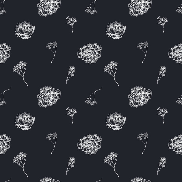 Seamless pattern with hand drawn chalk wax flower, forget me not flower, tansy, ardisia, brassica, decorative cabbage - Vektor, Bild