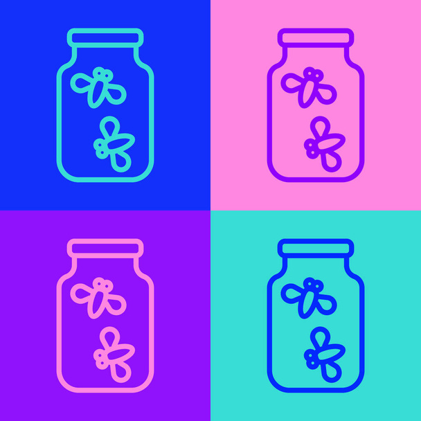 Pop art line Fireflies bugs in a jar icon isolated on color background. Vektor. - Vektor, obrázek