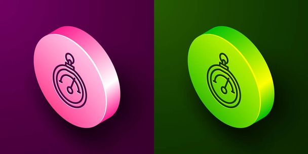 Изометрическая линия иконка барометра выделена на фиолетовом и зеленом фоне. Круглая кнопка. Вектор. - Вектор,изображение
