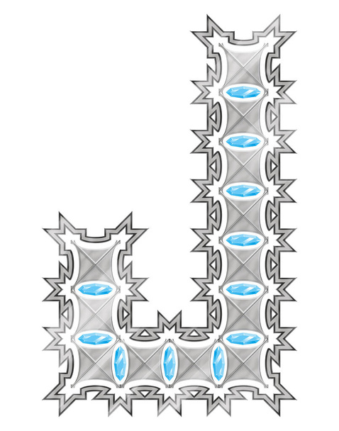 Letra decorativa plateada con gemas azules aisladas sobre fondo blanco.Fuente art. - Foto, Imagen